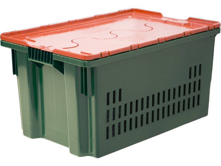 Ящик 600х400х300 дно сплошное, стенки перфорированные, Safe PRO цв. зелёный с оранжевой крышкой купить в Москве
